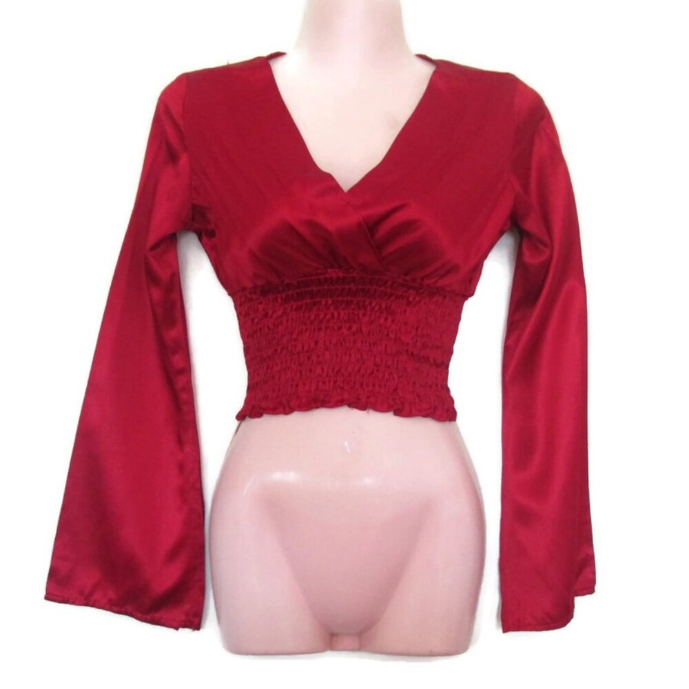 sexy 1990s vintage y2k red satin bell sleeve crop top size xs xxs extra small